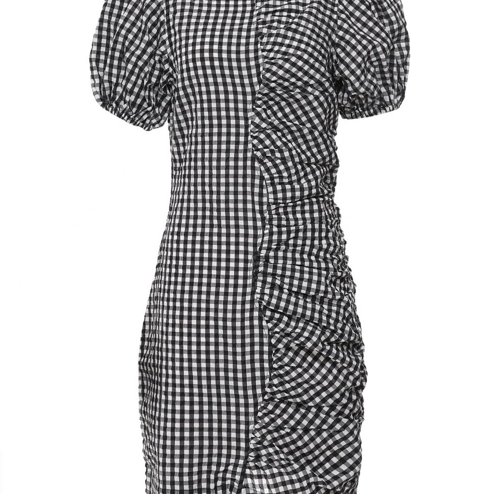 Ganni Seersucker Monochrome Puff Sleeve Dress - Picture 2 of 6